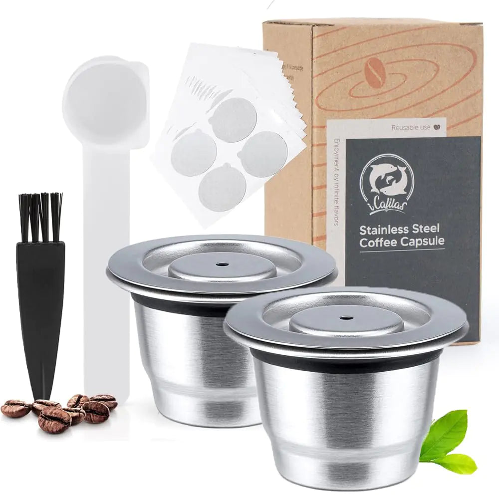 Refillable Coffee Capsules Stainless Steel Reusable Nespresso Pods Compatible with Nespresso Original Line Machines (2 Cups + 100 Lids)
