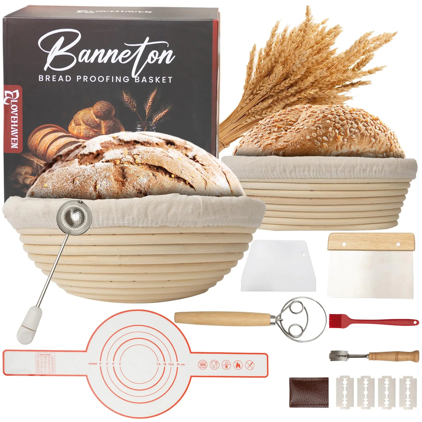 Banneton Bread Proofing Basket Set - Complete Sourdough Kit with Bread Making Tools Like 9" & 10" Baskets Whisk Brush Scraper Lame Blades Liners & More - Premium Homemade Bread Baking Supplies