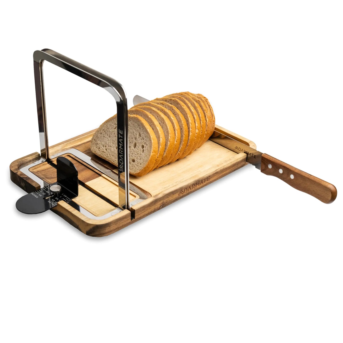 Darmate Bread Slicer – Adjustable Slice Thickness Stainless Steel Slicing Guides Bread Knife Included Fits All Loaf Sizes. Cutting Guide Ensures Even Slices for Homemade Bread Cake and Sourdough