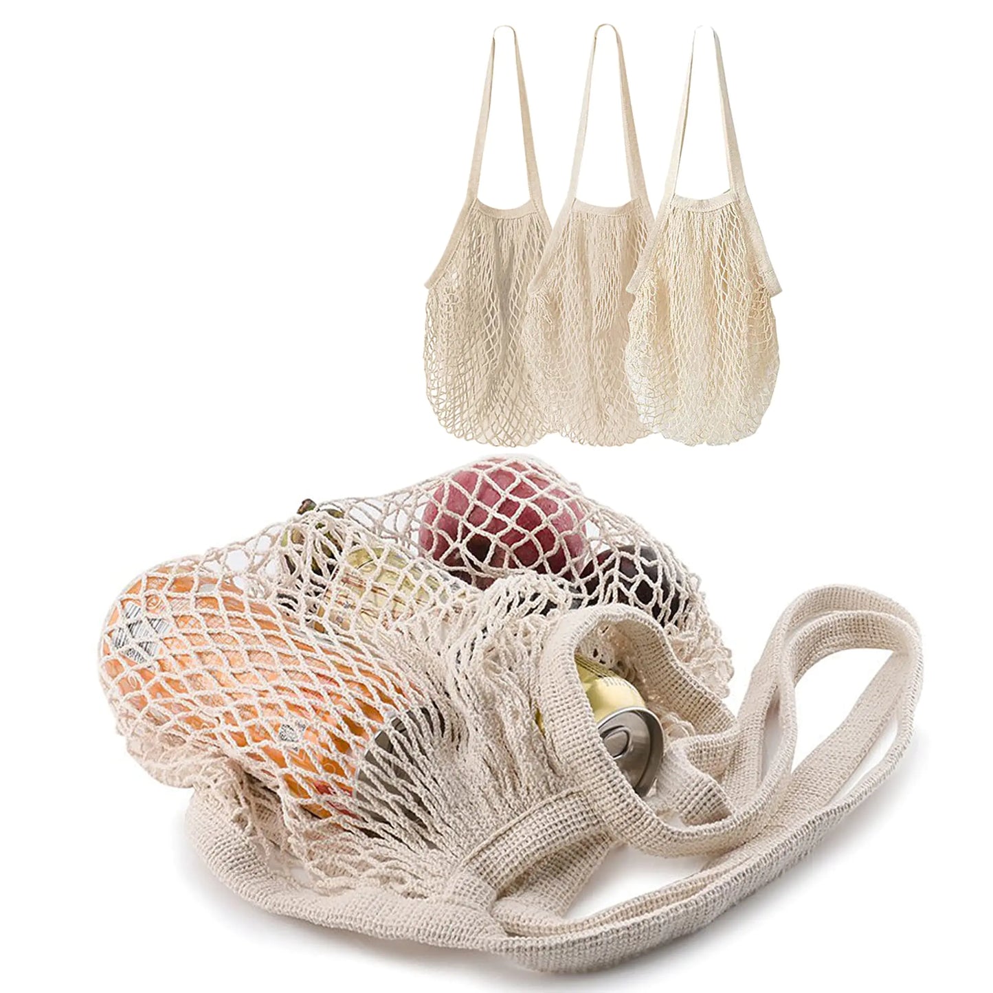MERCURHOUSE 3 pack Cotton String Shopping Bags Reusable Washable Grocery Mesh Bags Organizer for Grocery Shopping Produce Net Bags with Longhandle for Fruit Vegetable Storage