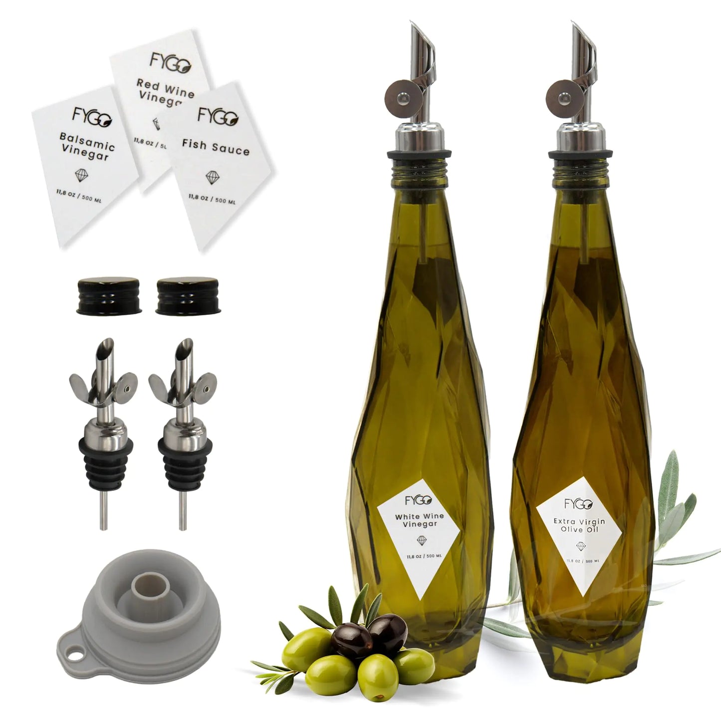 FYGO Diamond Lux Olive Oil Bottle Dispenser - Olive Oil Container- Oil and Vinegar Dispenser Set with Pourer and Funnel - Glass Olive Oil Dispenser Bottle for Kitchen - 500ml - Set of 2
