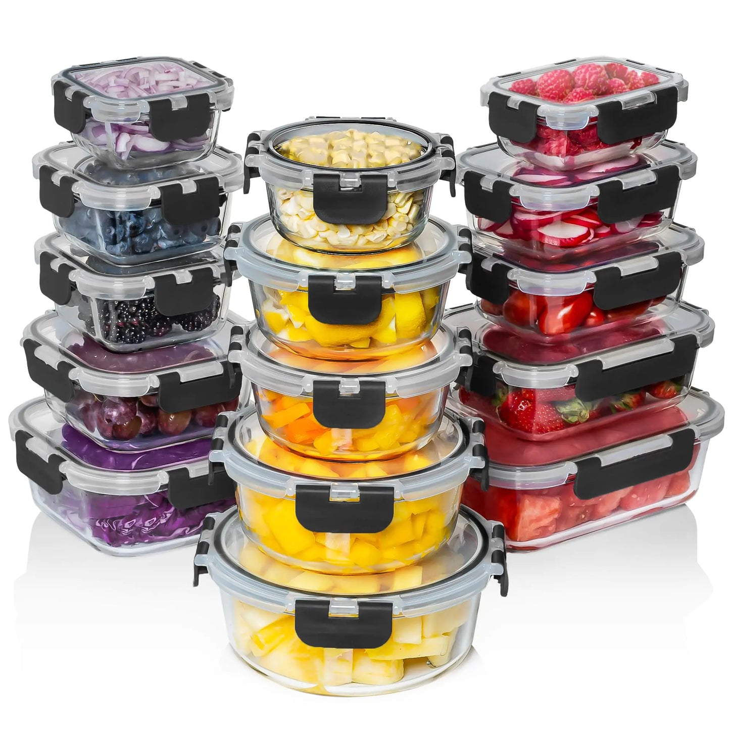 Razab 30 PC Glass Food Storage Containers with Lids - Reusable Glass Meal Prep Containers for Lunch and Leftovers - Airtight & Leakproof Snap Locking Lids - Oven Freezer Microwave Dishwasher Safe