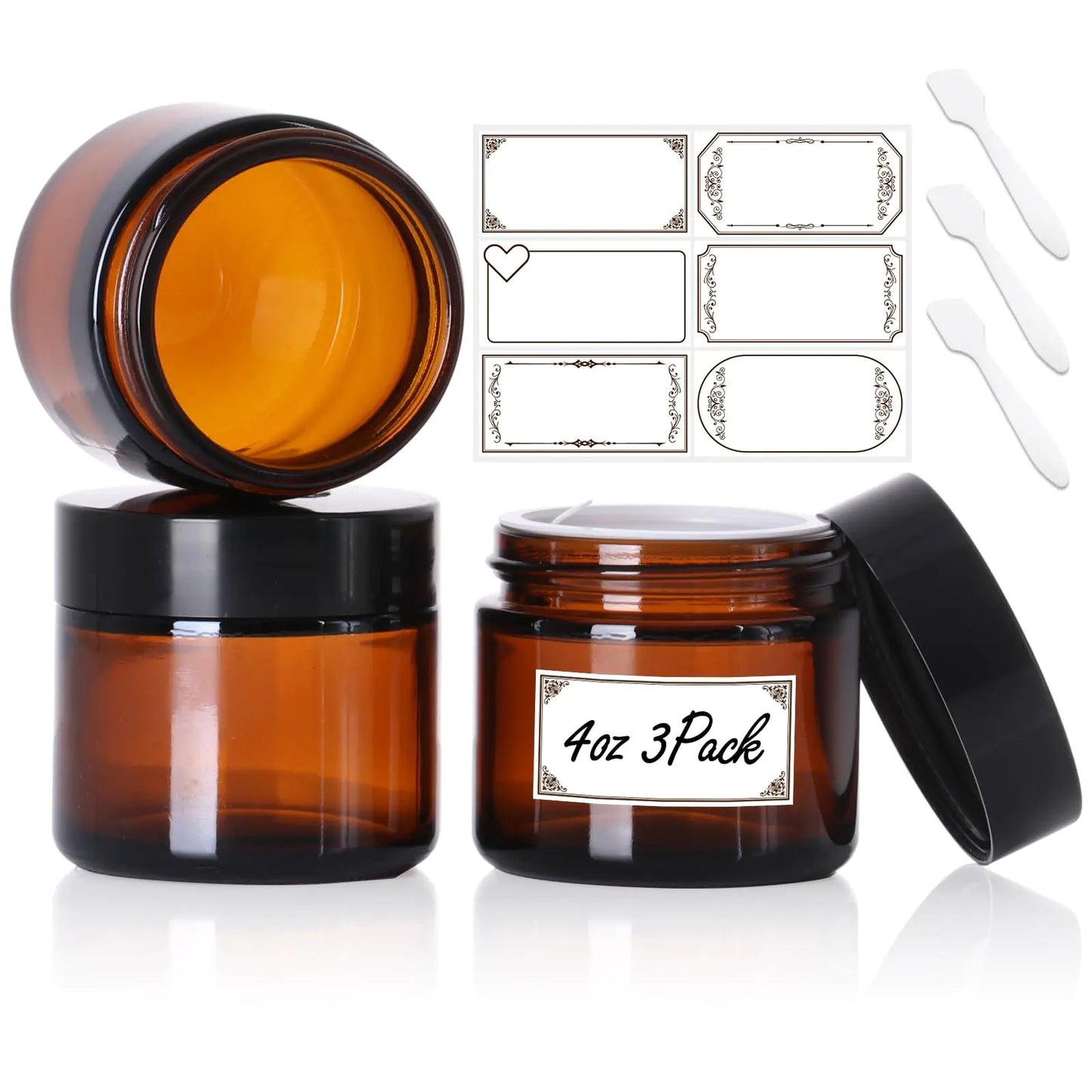 3 Pack 4 oz Amber Glass Jars with lids Cosmetic Jars with Inner Liners and Black Lids Lotion Jars Candle Making Jars for Lotions Scrubs and Cosmetic Lables and Spatulas Include