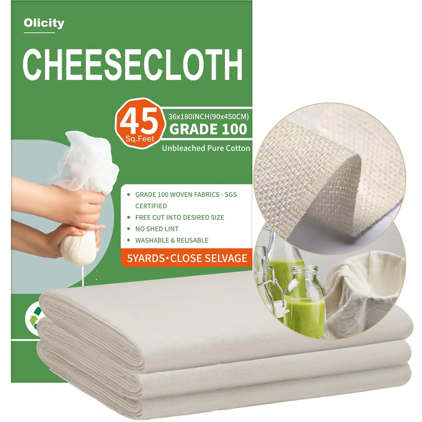 Olicity Cheese Cloths Grade 100 45 Sq Feet Reusable Cheese Cloth with Closed Edges Fabric Fine Mesh Cloth Unbleached Cotton Muslin Cheesecloth for Straining Baking Milk Free Cutting - 5 Yards