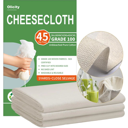 Olicity Cheese Cloths Grade 100 45 Sq Feet Reusable Cheese Cloth with Closed Edges Fabric Fine Mesh Cloth Unbleached Cotton Muslin Cheesecloth for Straining Baking Milk Free Cutting - 5 Yards