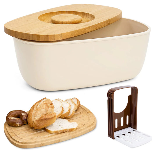 Triiter Bread Box With Bamboo Wood Cutting Board Lid & Bread Slicer Holder Oval Cream Color Bread Container For Kitchen Countertop 13.8 x 7.9 x 5.7in Bread Storage Container