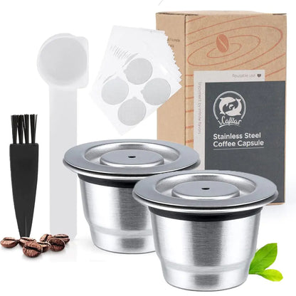 Refillable Coffee Capsules Stainless Steel Reusable Nespresso Pods Compatible with Nespresso Original Line Machines (2 Cups + 100 Lids)