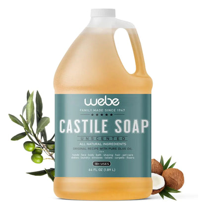 WEBE Pure Unscented Castile Liquid Soap Refill 64 Ounce | Vegan & Gluten Free Non-GMO For Face Body Wash Dishes Pets & Laundry