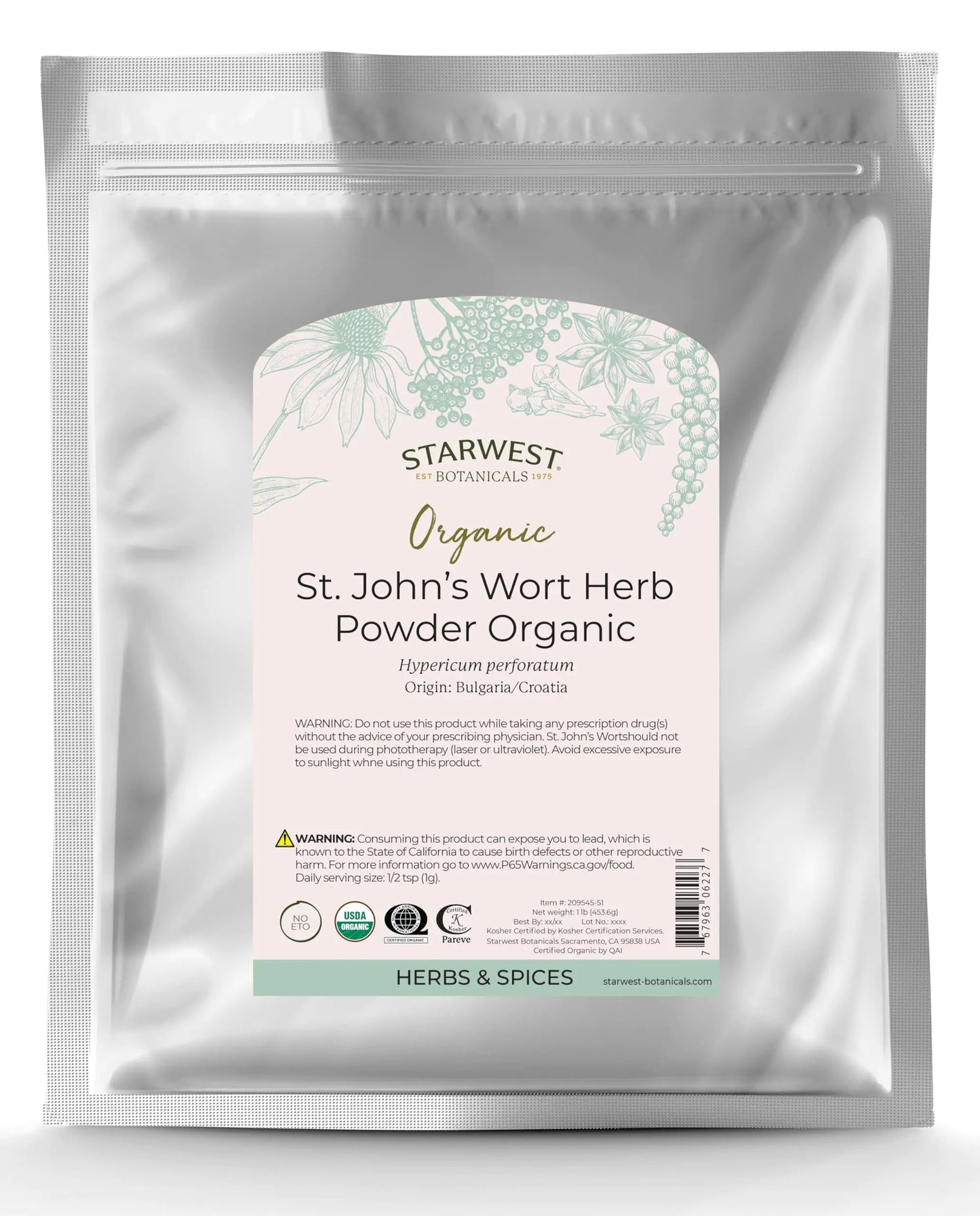 Starwest Botanicals Organic St. Johns Wort Herb Powder 1 Pound