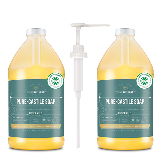 WHOLENATURALS Pure Castile Soap Liquid EWG Verified & Certified Palm Oil Free Unscented Natural Mild & Gentle Non-gmo & Vegan - Organic Body Wash Laundry Pet/Dog and Baby Soap -Pack of 2 w/pump