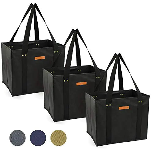 Gramercy Reusable Grocery Bags Reusable Shopping Bags Tote Bags Bulk Reusable Bags - Extra Long Handles - Set of 3 Large Shopping Bags - Reinforced Sides & Bottom - Collapsible - Washable - Black