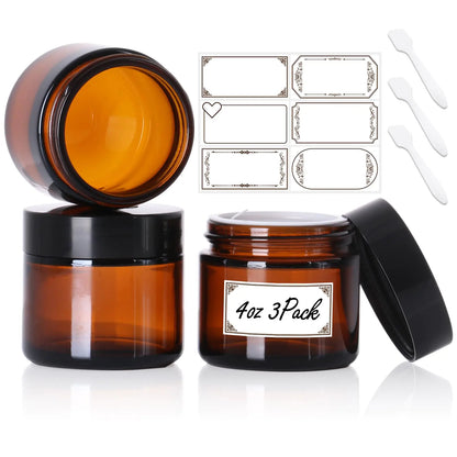 3 Pack 4 oz Amber Glass Jars with lids Cosmetic Jars with Inner Liners and Black Lids Lotion Jars Candle Making Jars for Lotions Scrubs and Cosmetic Lables and Spatulas Include