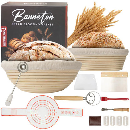 Banneton Bread Proofing Basket Set - Complete Sourdough Kit with Bread Making Tools Like 9" & 10" Baskets Whisk Brush Scraper Lame Blades Liners & More - Premium Homemade Bread Baking Supplies