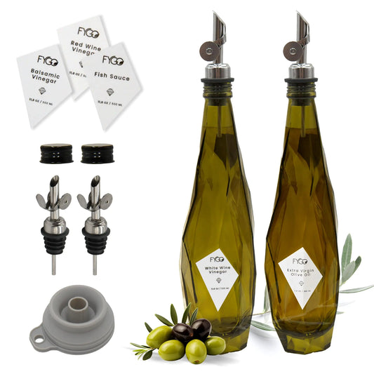 FYGO Diamond Lux Olive Oil Bottle Dispenser - Olive Oil Container- Oil and Vinegar Dispenser Set with Pourer and Funnel - Glass Olive Oil Dispenser Bottle for Kitchen - 500ml - Set of 2