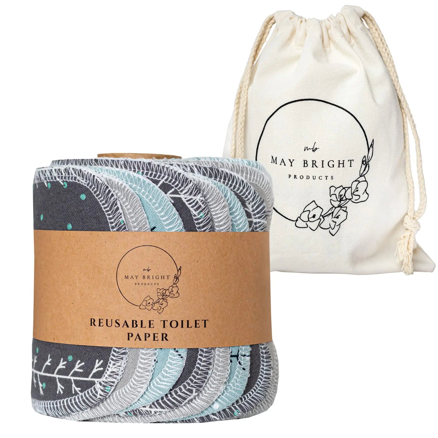 May Bright Reusable Toilet Paper with Washable Canvas Bag - Reusable Bidet Wipes - 2-ply - 15 Pack with Durable Cardboard Roll - Zero Waste Bidet Towels