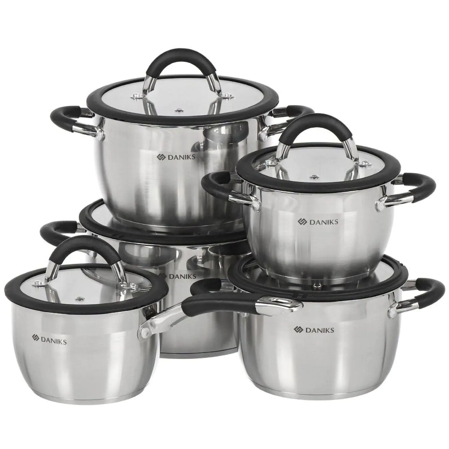 Daniks Orlando 10-Piece Stainless Steel Induction Cookware Set – Dishwasher Safe Saucepan Pots with Heatproof Handles Glass Lids Measuring Scale Silver