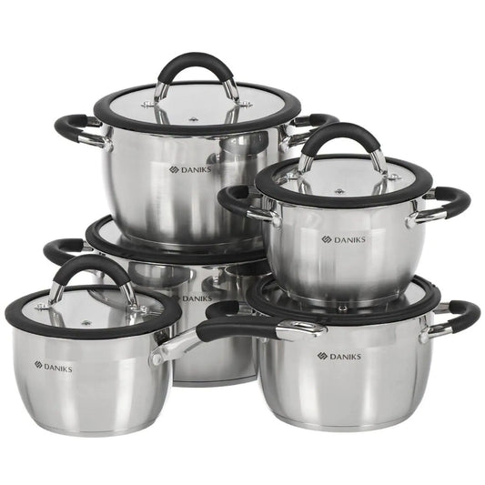 Daniks Orlando 10-Piece Stainless Steel Induction Cookware Set – Dishwasher Safe Saucepan Pots with Heatproof Handles Glass Lids Measuring Scale Silver